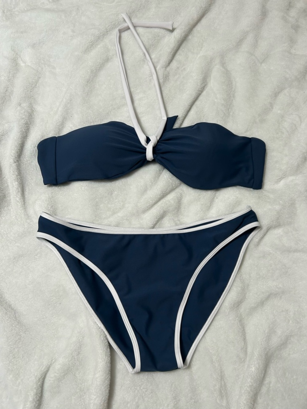Skatie Swim Navy Blue Bandeau Bikini Set with White Trim
